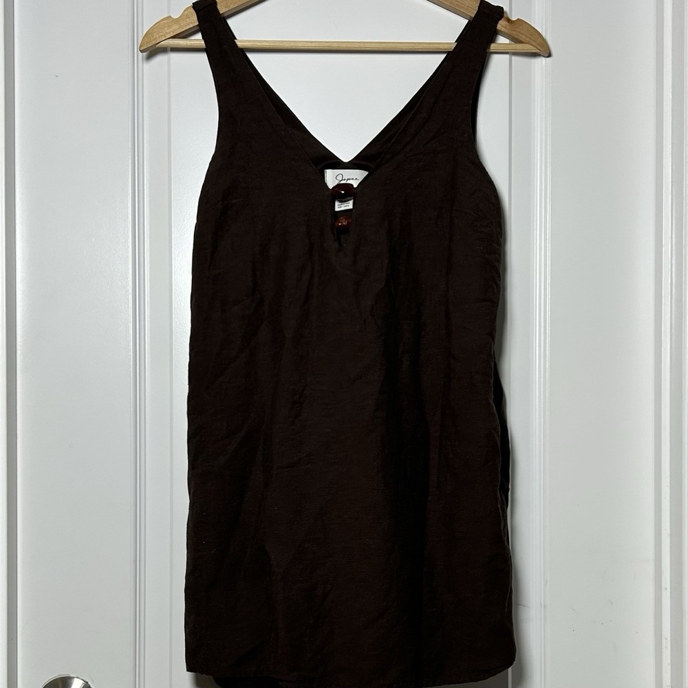 Japna Cotton Linen Blend Chocolate Brown V-Neck Bead Detail Top Dark‎ Boho Style